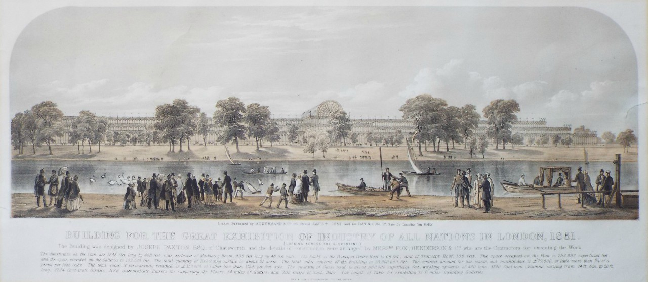 Lithograph - Building for the Great Exhibition of Industry of all Nations in London 1851. (Looking across the Serpentine) - Ackermann